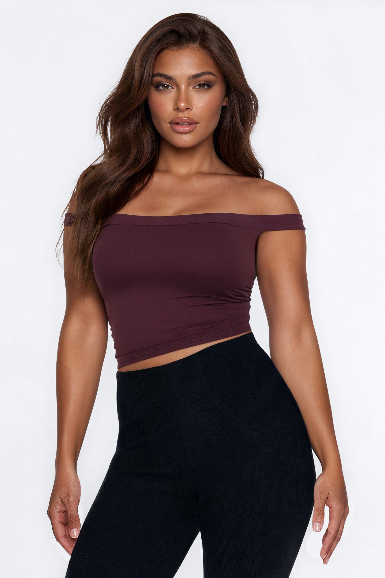Zoey Ruched Off Shoulder Top - Brown