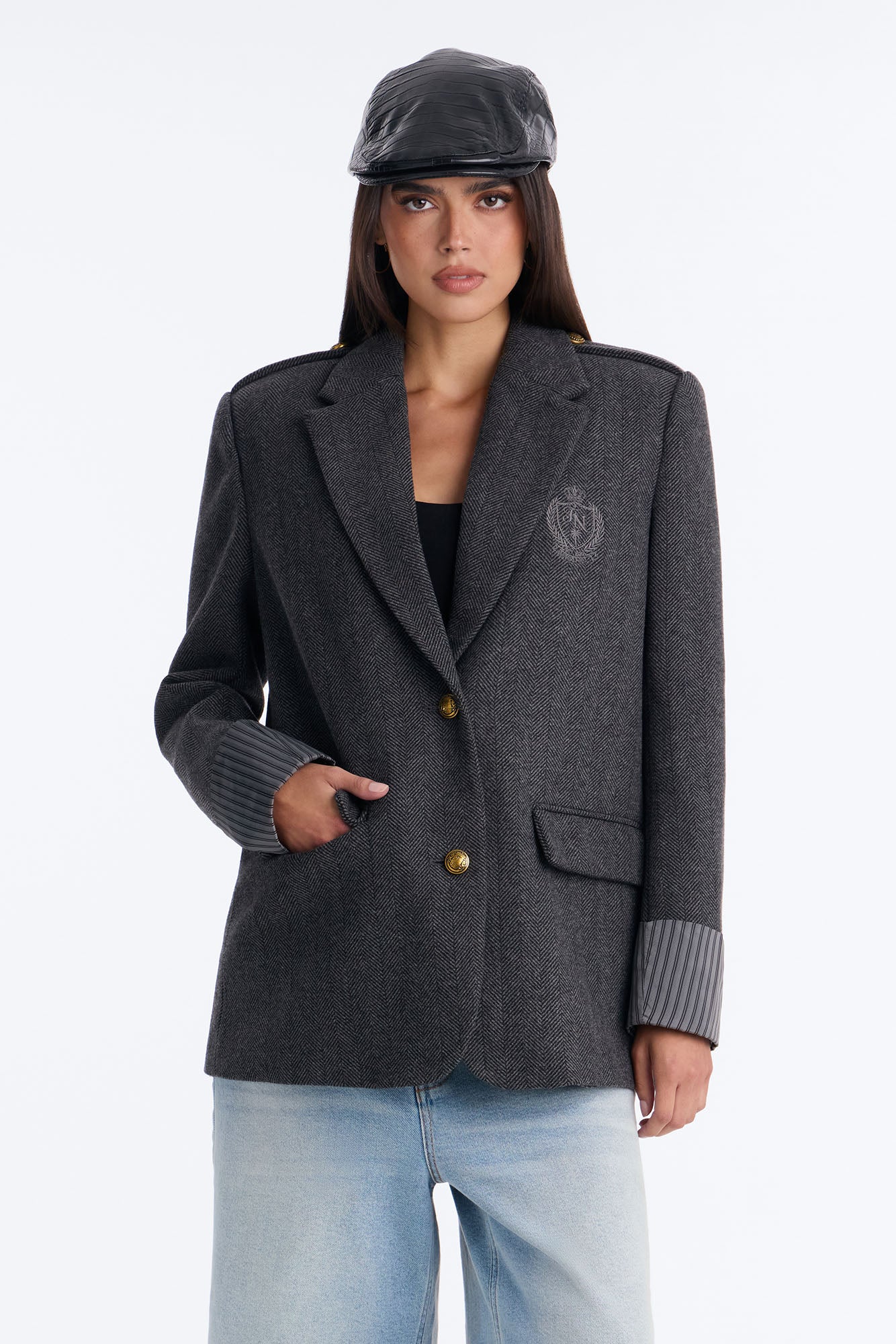 Heritage Chic Herringbone Blazer - Charcoal