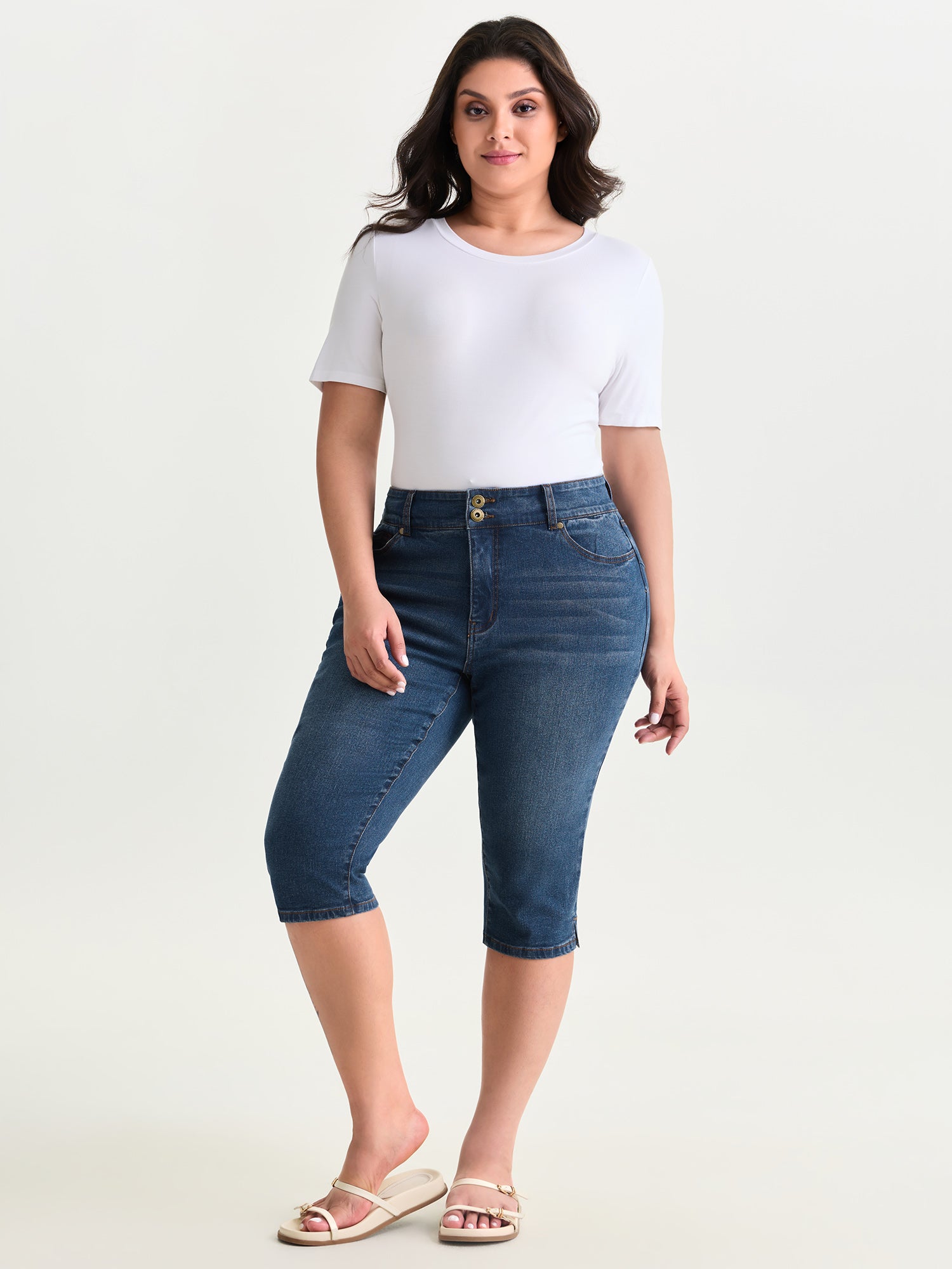 High Waisted Wash Double Buttons Jeans
