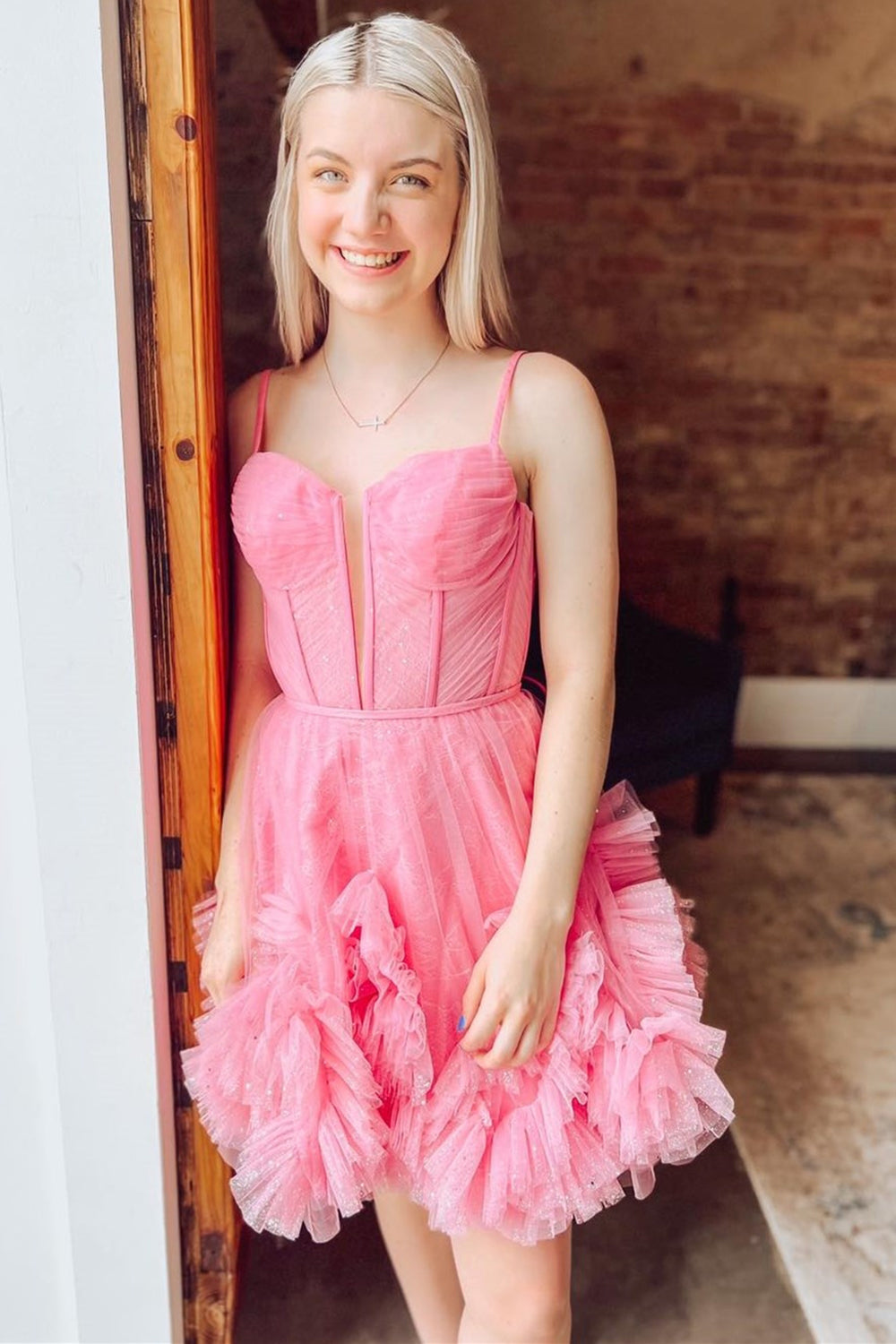 Glitter Pink Corset Tulle A-Line Tulle Short Homecoming Dress/Mini Dress With Pocket