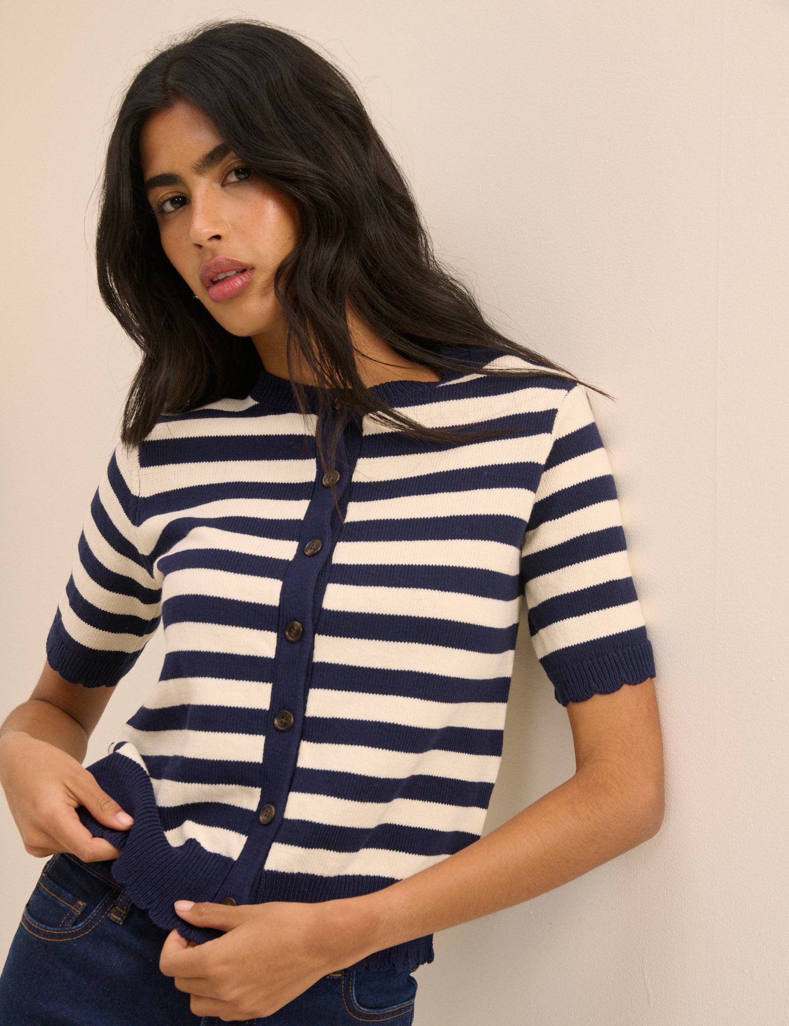 Navy and Cream Stripe Short Sleeve Cardigan