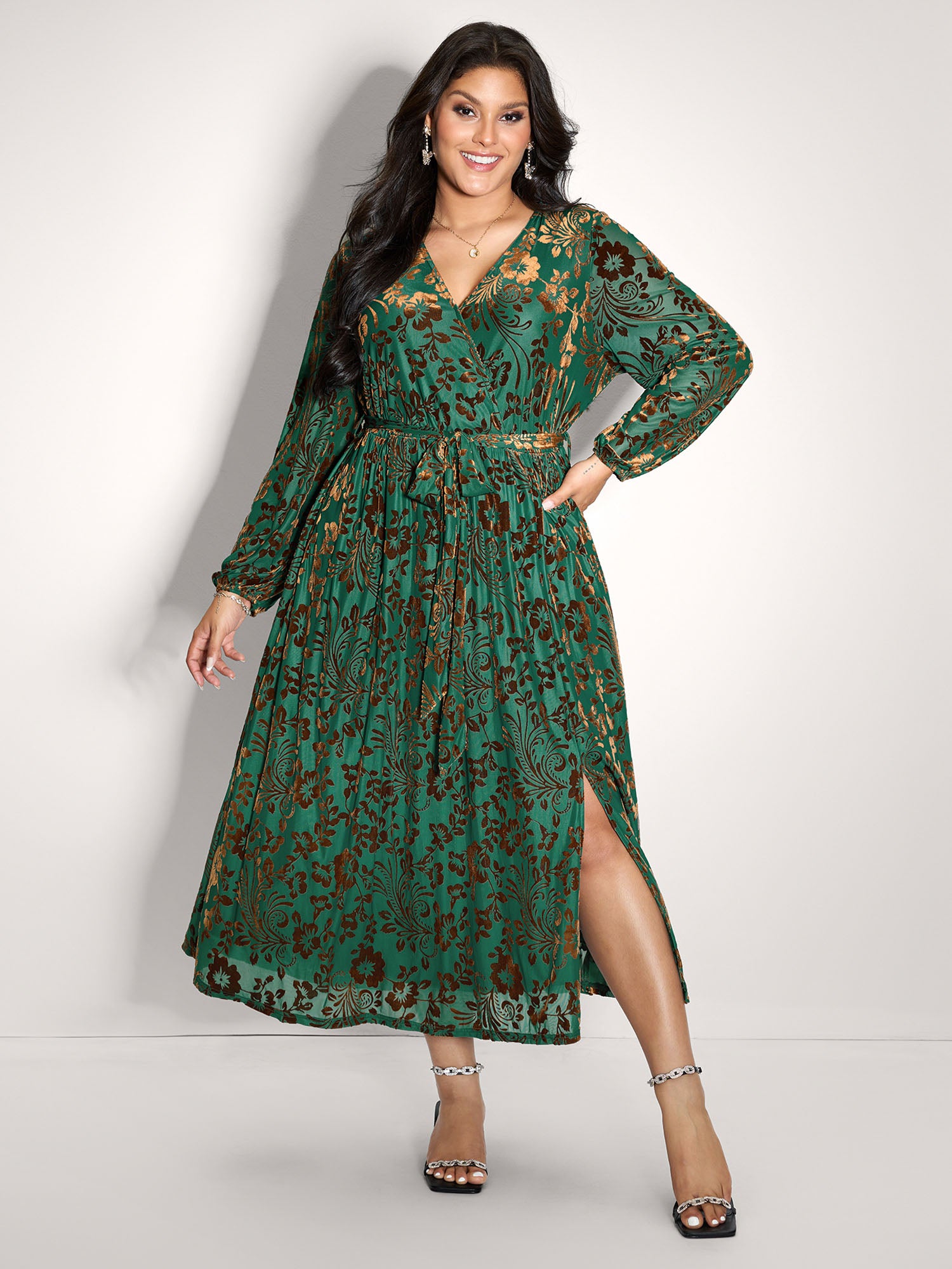 Laser-Cut Velvet Waist-Tie Maxi Dress