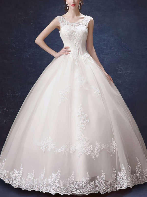 Sexy Floor-Length Scoop Neck Sleeveless Lace Tulle Ball Gown Wedding Dresses