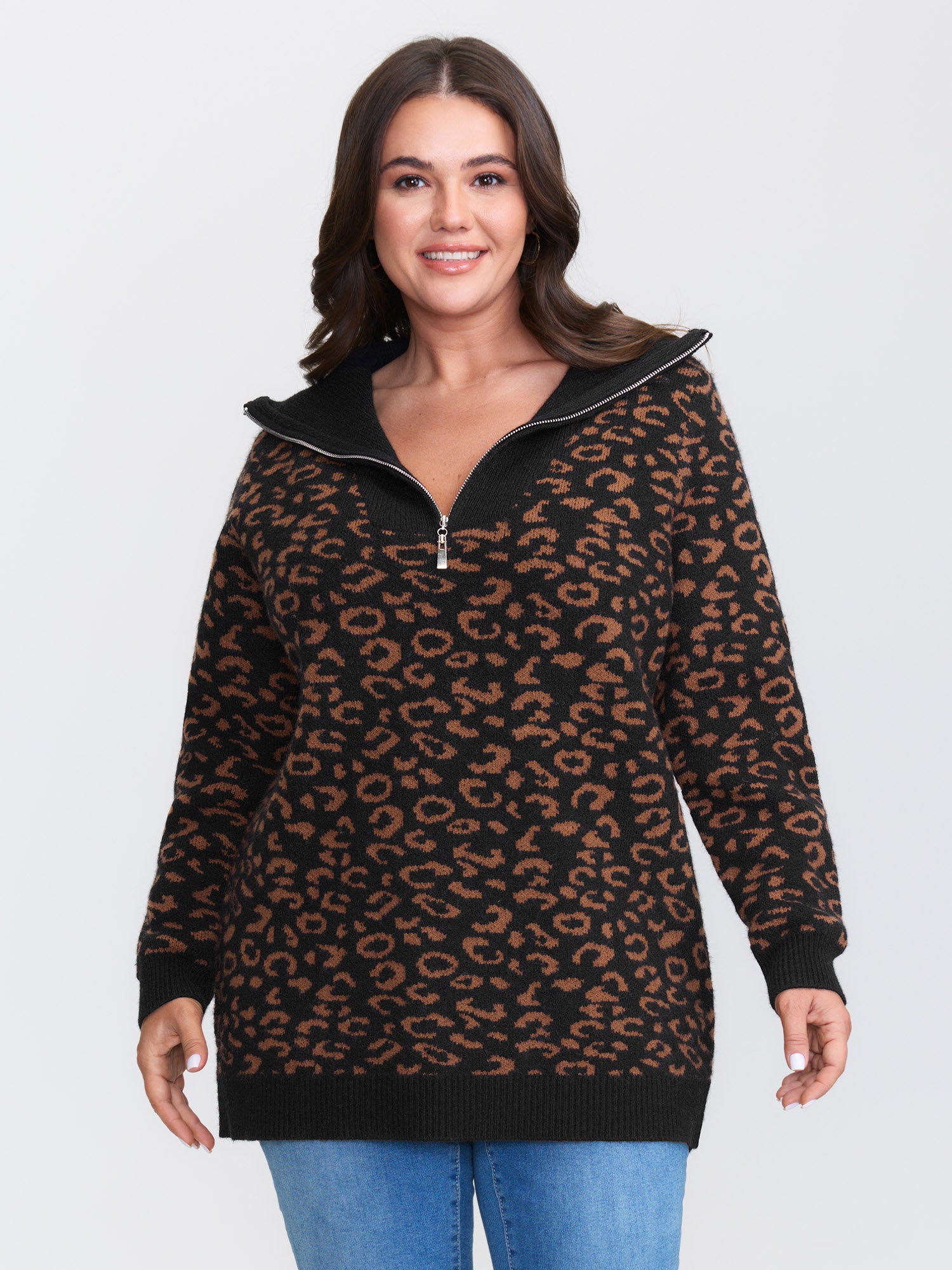 Leopard Jacquard Print Polo Collar Knit Cardigan