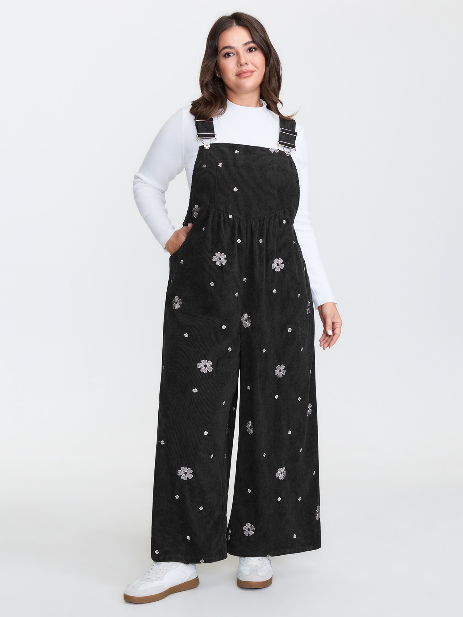 Corduroy Floral Embroidered Overall Jumpsuit