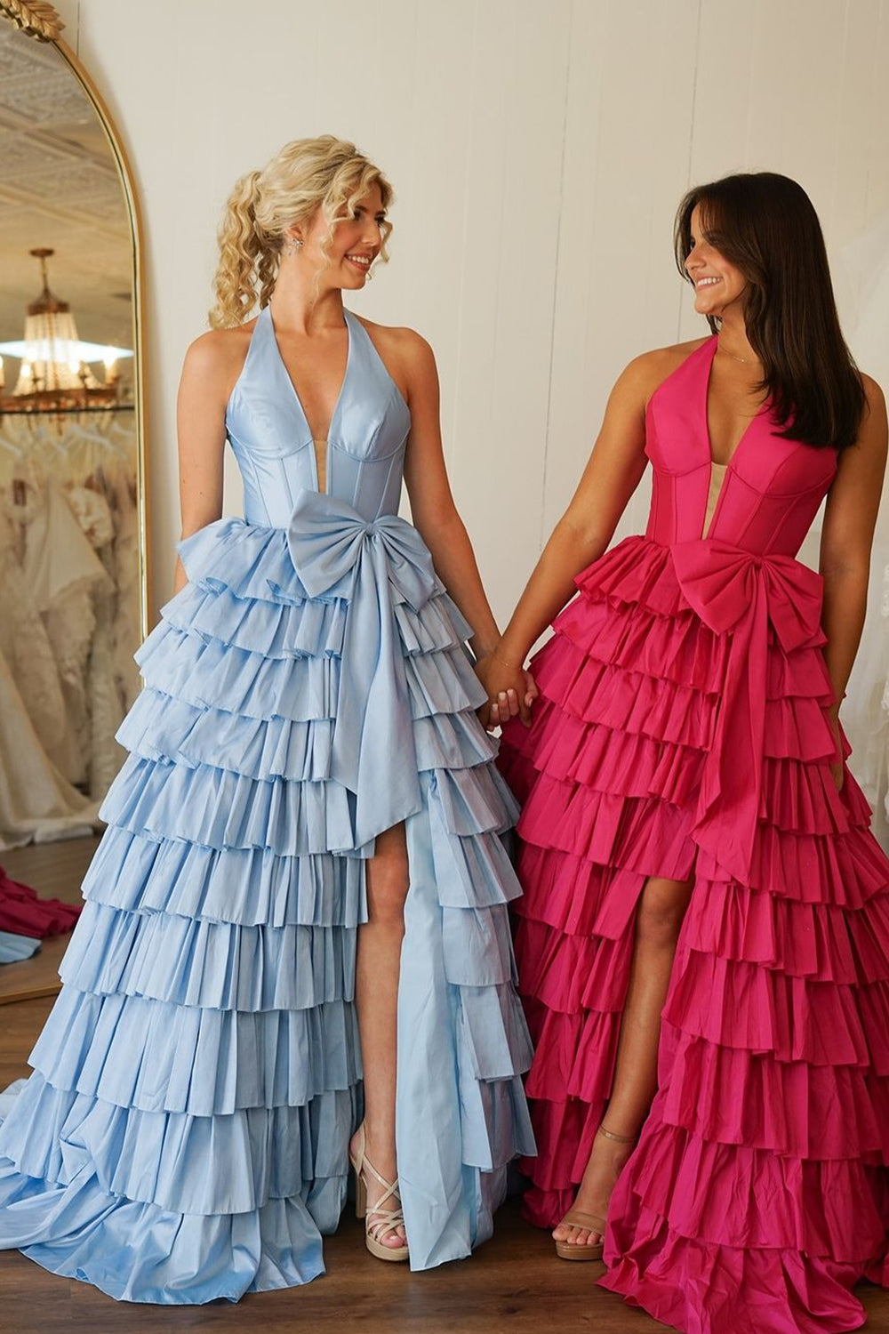 Long A-Line Corset Prom Dress in Blue with Halter Neck Tiered Skirt and Slit